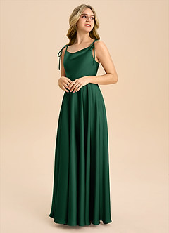 Azazie Popsy Junior Dark Green A-Line Bow Stretch Satin Dress image4