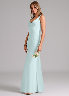 Azazie Kamila Bridesmaid Dresses Sea Glass A-Line Pleated Stretch Satin Dress image6