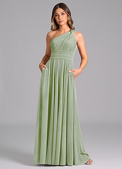 Azazie Charlize Vestidos de damas de honor Vestido de Salvia Polvorienta de terciopelo de Corte en A con Hombro unilateral image3