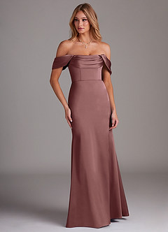 Azazie Saige Bridesmaid Dresses Vintage Mauve Sheath Off the Shoulder Stretch Satin Dress image4