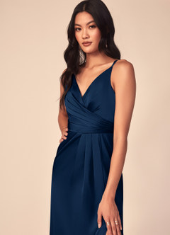 Azazie Aqua Bridesmaid Dresses Dark Navy A-Line V-Neck Pleated Stretch Satin Dress image6