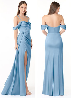 Azazie Amyra Jurken voor bruidsmeisjes Converteerbaar Jurk van Stretch Satijn met Zeemeermin Off the Shoulder Poederblauw image8