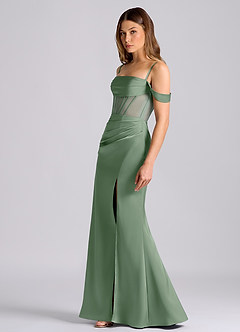 Azazie Alyce Robes de demoiselle d'honneur Robe Sirène Convertible en Satin extensible Épaule décolletée Matcha image4