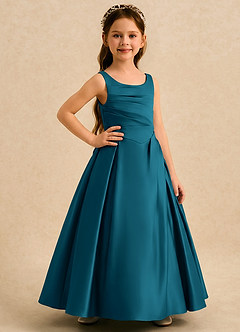 Azazie Audrey Flower Girl Dresses Ink Blue A-Line Pleated Matte Satin Dress image4