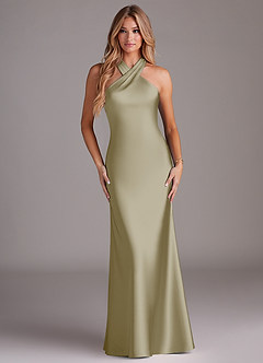 Azazie Doretta Robes de demoiselle d'honneur Robe Sirène en Satin extensible Plissée Vert Mousse image1