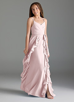 Azazie Peyton Junior Blushing Pink A-Line V-Neck Cascading Ruffles Chiffon Dress image3