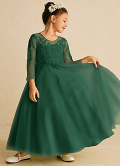 Azazie Precious Blumenmädchenkleider A-Linie Spitze Tüll Kleid Dunkelgrün image2