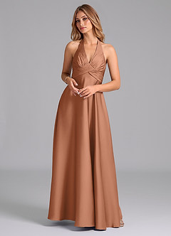 Azazie Tessie Bridesmaid Dresses Bronzer A-Line Pleated Stretch Satin Dress image1
