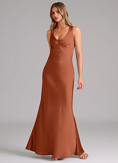 Azazie Kamila Bridesmaid Dresses Cedar Rose A-Line Pleated Stretch Satin Dress image3