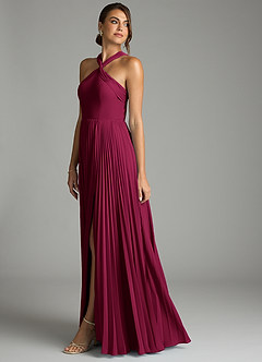 Azazie Afra At-home Try On Dresses Burgundy A-Line Pleated Chiffon Dress image4