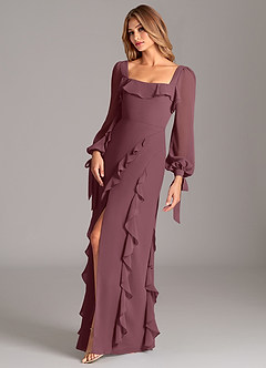 Azazie Candice Bridesmaid Dresses Sangria A-Line Long Sleeve Chiffon Dress image3