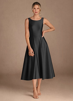 Azazie Fulton At-home Try On Dresses Black A-Line Pleated Stretch Satin Dress image4