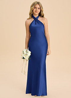 Azazie Chickie Junior Royal Blue Sheath Pleated Stretch Satin Dress image3