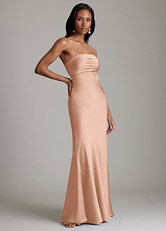 Azazie Saylor Vestidos de damas de honor Vestido de Oro Rosa de Satén Elástico de Corte Sirena con Sin tirantes image4