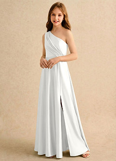 Azazie Puddles Girls Formal Blumenmädchenkleider A-Linie One-Shoulder Stretch-Satin Kleid Weiß image4