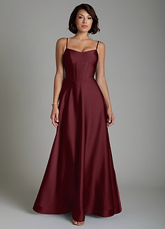Azazie Nona Vestidos de damas de honor Vestido Cabernet de Satén Elástico de Línea A con Plisado image1