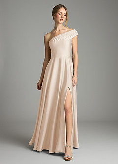 Azazie Melanie 신부 들러리 드레스 A라인 오프 더 숄더 스트레치 새틴 바닥 길이 드레스 image3