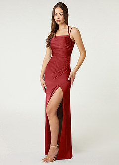 Azazie Desi Bridesmaid Dresses Pomegranate Sheath Halter Corset Stretch Satin Dress image4