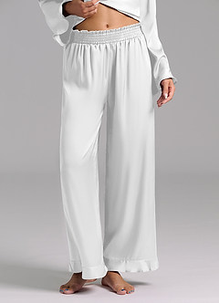 front Ruffled Satin Long Sleeve Pajama Set