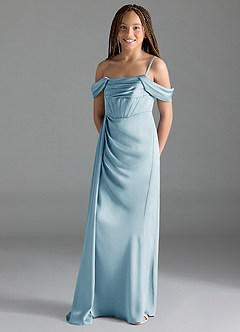 Azazie Amyra Junior Sky Blue Sheath Off the Shoulder Stretch Satin Dress image4