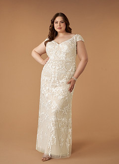 Azazie Devonna Wedding Dresses Diamond White Champagne Sheath V-Neck Sequins Lace Dress image7