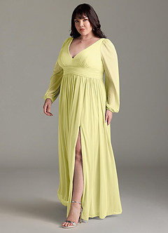Azazie Norah Bridesmaid Dresses Lemon Sorbet A-Line V-Neck Long Sleeve Chiffon Dress image11