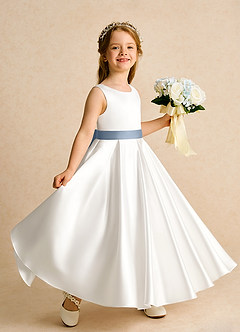 Azazie Cherry Flower Girl Dresses Ivory Dusty Blue Ball-Gown Pleated Matte Satin Dress image3