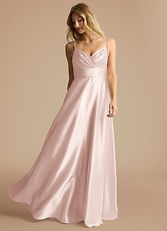 Azazie Oliana Bridesmaid Dresses Blushing Pink A-Line Pleated Metallic Satin Dress image2