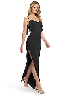 Azazie Jasmine Bridesmaid Dresses Black Sheath Side Slit Chiffon Dress image3