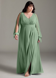 Azazie Matilda Bridesmaid Dresses Matcha A-Line Long Sleeve Chiffon Dress image14