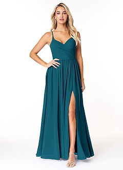 Azazie Dominic Bridesmaid Dresses Ink Blue A-Line V-Neck Pleated Chiffon Dress image1