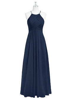 Azazie Ginger Vestidos de damas de honor Vestido de Azul Marino Oscuro de Gasa de Corte en A con Halter Plisado image6