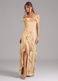 Azazie Malia Bridesmaid Dresses Gold A-Line Side Slit Stretch Satin Dress image1