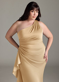 Azazie Latrice Bridesmaid Dresses Gold Sheath One Shoulder Cascading Ruffles Stretch Satin Dress image10