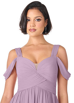 Azazie Lianne Robes de demoiselle d'honneur Robe Trapèze en Mousseline de soie Épaule décolletée Glycine image5