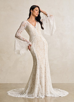 Azazie Hayes Robes de mariée Robe Sirène en Dentelle Col en V Diamant Blanc Champagne image3