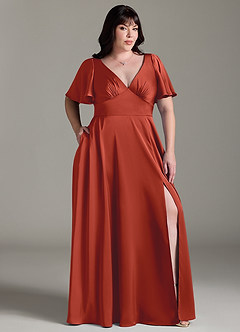 Azazie Kimber Bridesmaid Dresses Rust A-Line Ruched Stretch Satin Dress image9