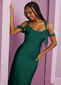 Barbie ♥ Azazie Robes de demoiselle d'honneur Robe Fourreau en Satin extensible Plissée émeraude image7