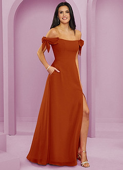 Barbie ♥ Azazie Robes de demoiselle d'honneur Robe Trapèze Convertible en Mousseline de soie Épaule décolletée Paprika image4