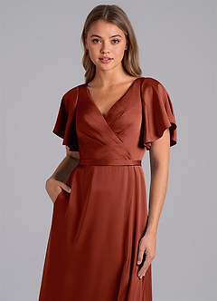 Azazie Ambrosia Bridesmaid Dresses Terracotta A-Line Pleated Stretch Satin Dress image2