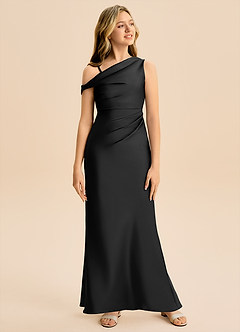Azazie Emerson Junior Black Sheath Off the Shoulder Stretch Satin Dress image3