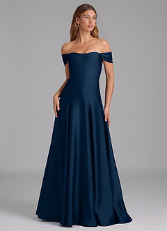 Azazie Seriana Bridesmaid Dresses Dark Navy A-Line Off the Shoulder Stretch Satin Convertible Dress image1