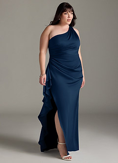 Azazie Latrice Bridesmaid Dresses Dark Navy Sheath One Shoulder Cascading Ruffles Stretch Satin Dress image9