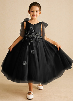 Azazie Minia Jurken voor bloemenmeisjes A-Lijn Jurk van Mat Satijn Boog Zwart image1