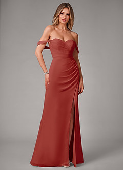 Azazie Haisley Bridesmaid Dresses Terracotta Sheath Off the Shoulder Chiffon Convertible Dress image3