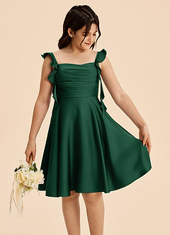 Azazie Kira Junior Vestido Verde Oscuro de Satén Elástico de Corte en A con Drapeado image5
