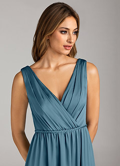 Azazie Tanicia 신부 들러리 드레스 A라인 주름진 스트레치 새틴 바닥 길이 드레스 image6