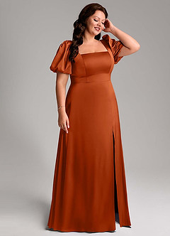 Azazie Fyona Bridesmaid Dresses Burnt Orange A-Line Pleated Stretch Satin Dress image13