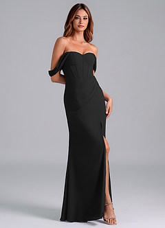 Azazie Asha At-home Try On Dresses Black Sheath Off the Shoulder Chiffon Convertible Dress image3