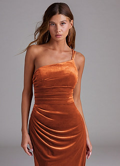 Azazie Eren Jurken voor bruidsmeisjes Jurk van flueel met Kolom One-Shoulder Verbrande Sinaasappel image6